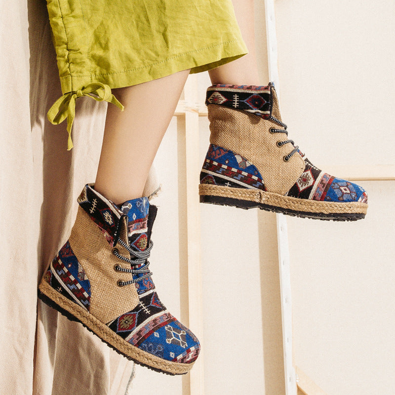 New High-top Linen Women's Shoes Lace-up Flanging Process