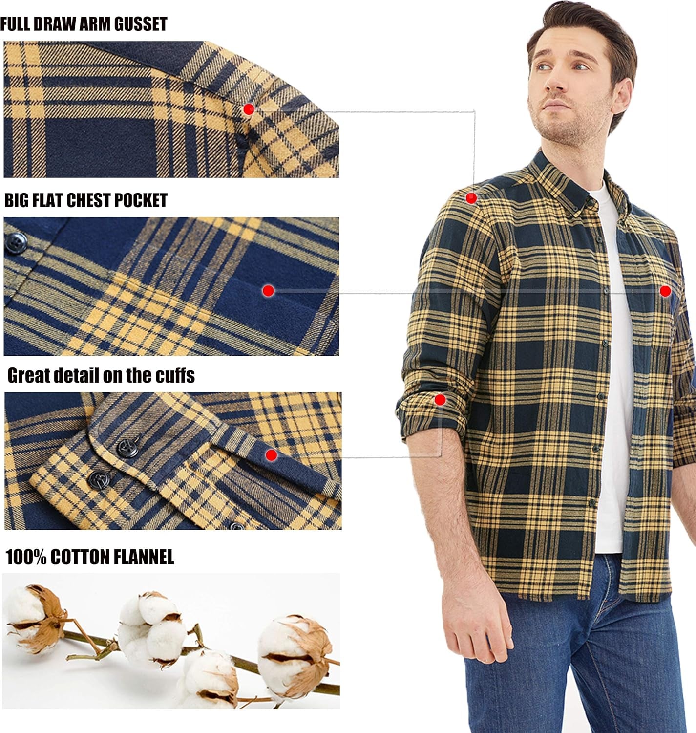 ® Flannel Shirt for Men Casual Button down Work Soft All Cotton Lightweight Flannel Mens Plaid Shirts Long Sleeve