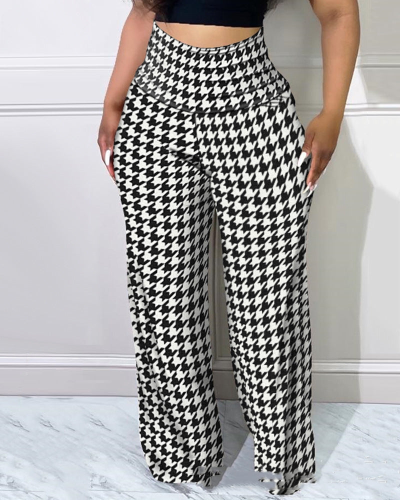 New European And American Thousand Bird Checker High Waist Pants