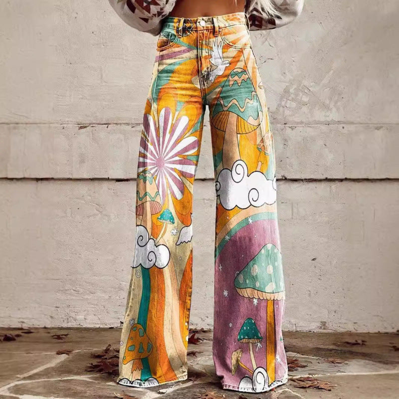 Thermal Transfer Bell-bottom Pants Simulation Denim Trousers Loose Pants