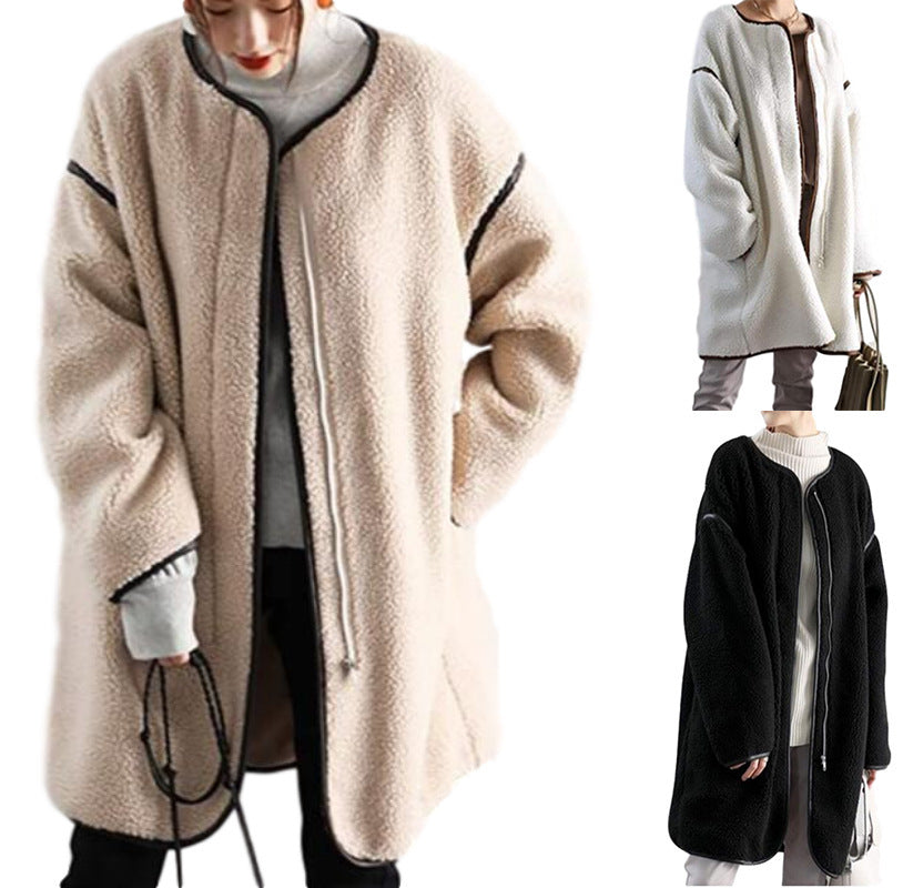 Pure Color Stitching Long-sleeved Round Neck Zipper Plush Jacket