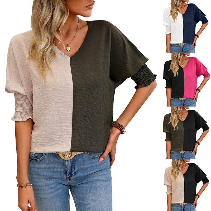 V-hals Løs Smock Batwing-ærme Farvematchende Top