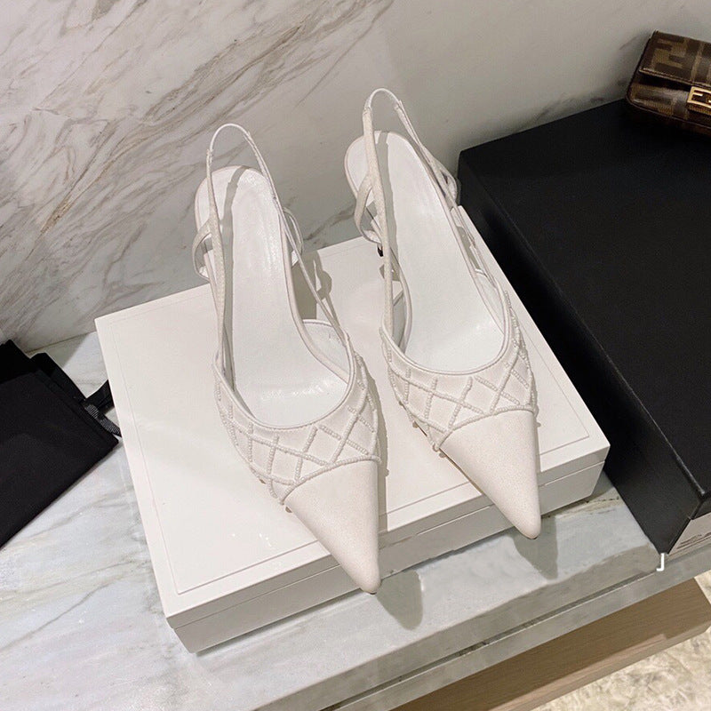 Pointed Silk Thin Heel Pearl French Style Baotou Sandals Female
