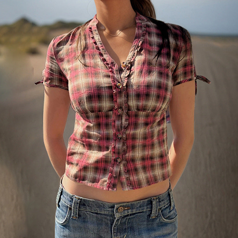Hot Girl Retro Plaid Women's Slim Casual T-shirt