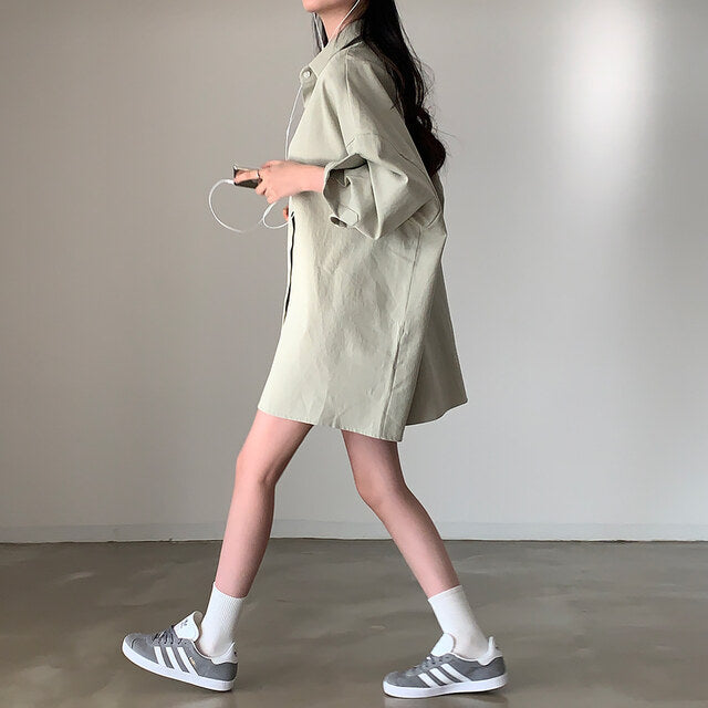 Polo Collar Single Row Button Loose Long Sleeve Long Shirt