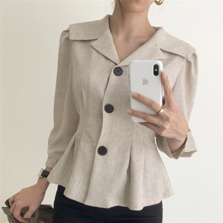 Retro elegancka koszula z wysokim kołnierzem, długi rękaw, stylowa