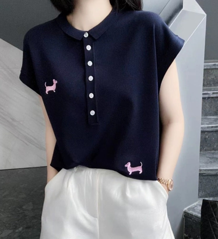 Half-button Small Lapel Ice Silk Knitted Embroidered Striped Vest Top