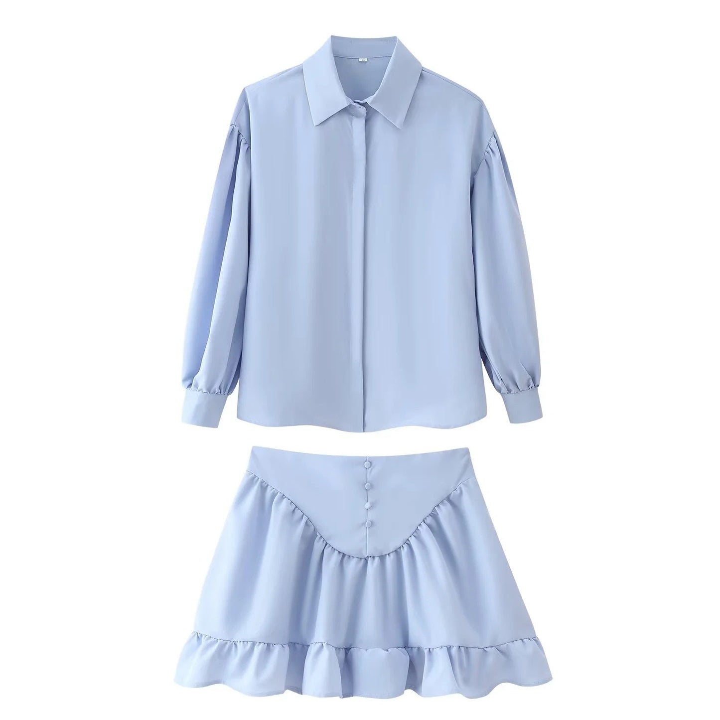 Elegant Lapel Style Button Up Shirt With Ruffle Hem And Matching Skirt Set
