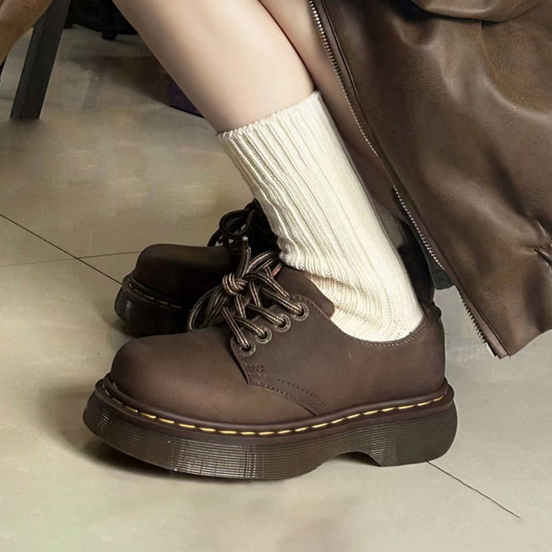 Women's Leather Round Head Thick-soled Muffin Leather Shoes