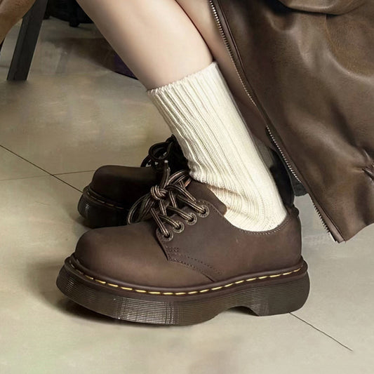 Women's Leather Round Head Thick-soled Muffin Leather Shoes