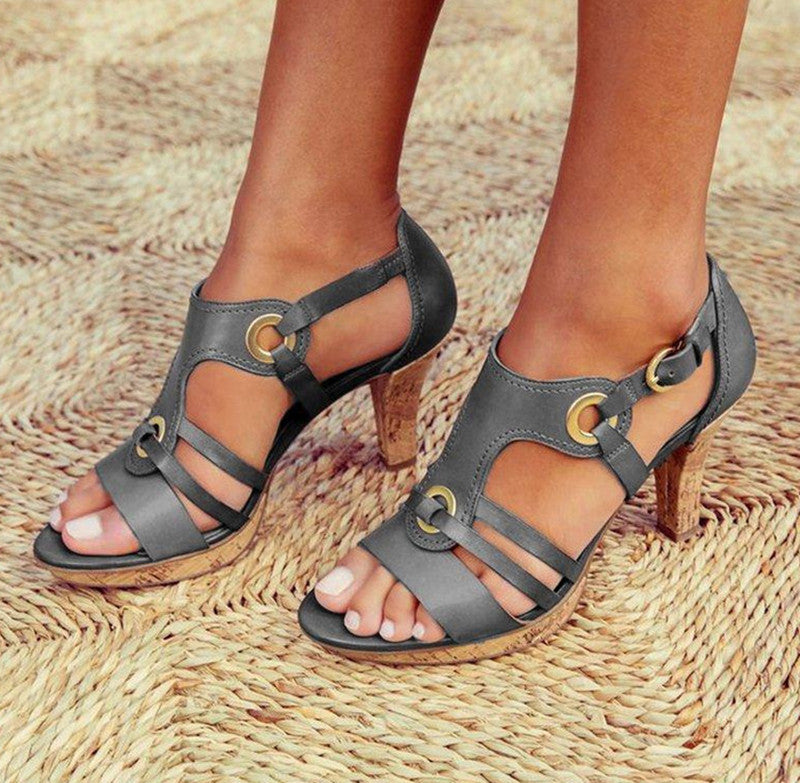 Fashion High Heel Leather Stitching Sandals
