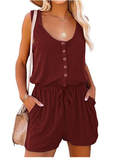 European And American Women's Clothing Sleeveless Waist Tie Casual Loose Wide-leg Jumpsuit