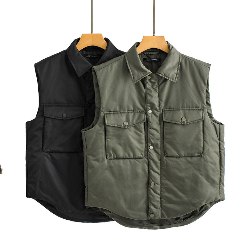 Autumn And Winter Cargo Cotton Vest With Double Pockets