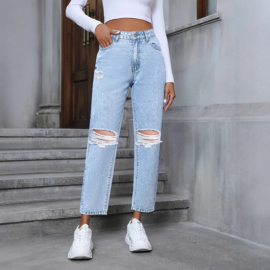 Casual løse, lige, ripped denim-bukser til kvinder