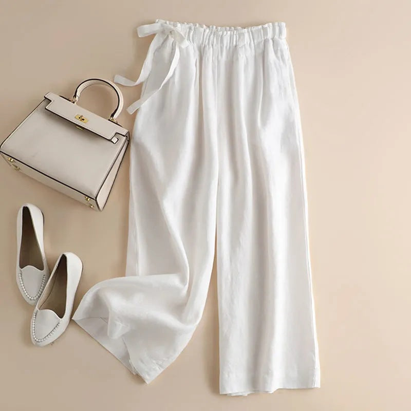 High Waist Side Lace-up Retro Art Elastic-waist Casual Pants For Women