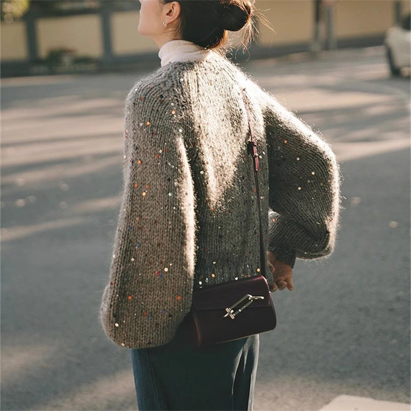 Retro Gray Sequins Sweater Cardigan Coat