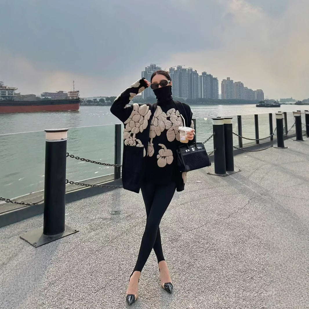 Three-dimensional Flower Jacquard Turtleneck Retro Loose Knitted Sweater
