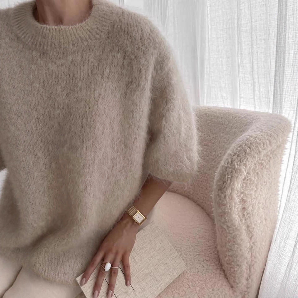 Womens Casual Solid-color Loose-fitting Cozy Plush Long-sleeve Sweater