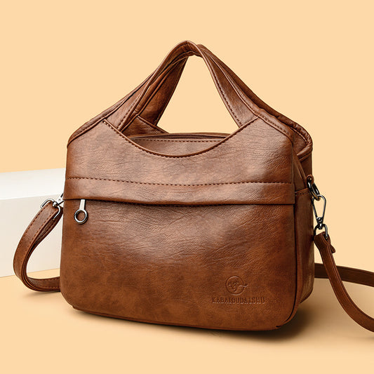 Retro-style Fashionable Patchwork-print Soft Leather Multi-compartment Tote Bag For Women