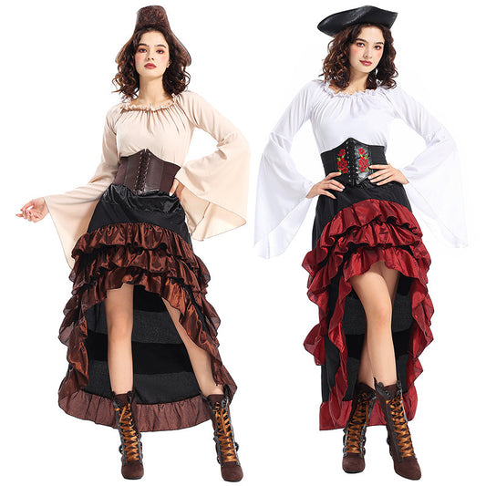 Halloween Costume Medieval Irregular Pirate Queen Waist-tightening Clothes Lotus Leaf Maxi Dress