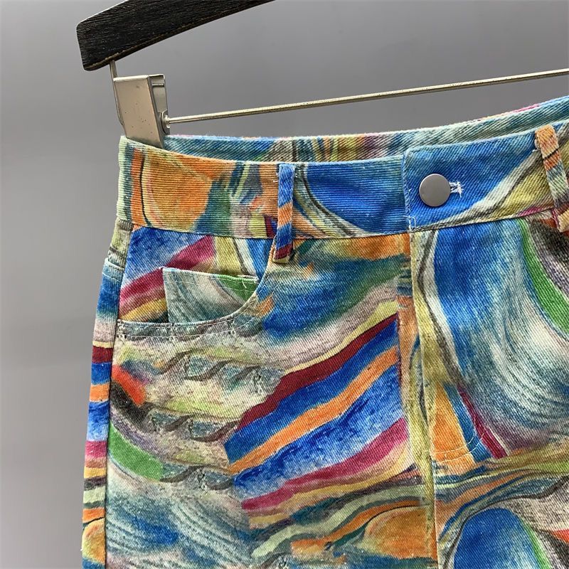A-formet denimnederdel til kvinder med højt taljebånd og print