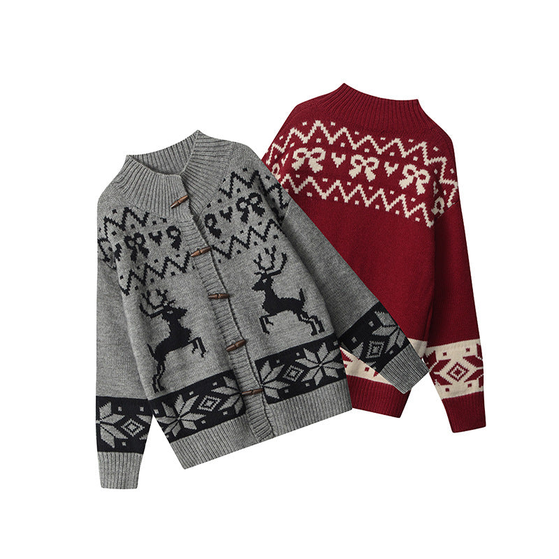 Loose Knitted Jacquard Horn Button Retro Women's Cardigan Sweater