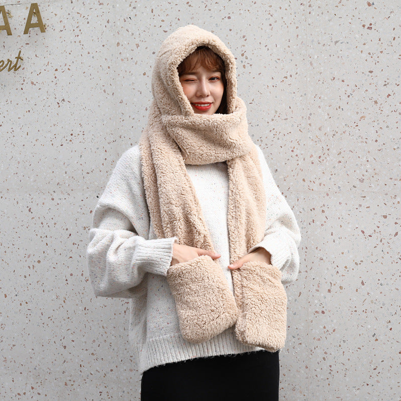 Double layer thick Plush wool scarf, hat and glove