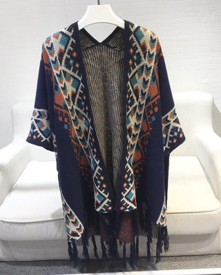 Harajuku style vintage goddess tassel knit long shawl cloak coat