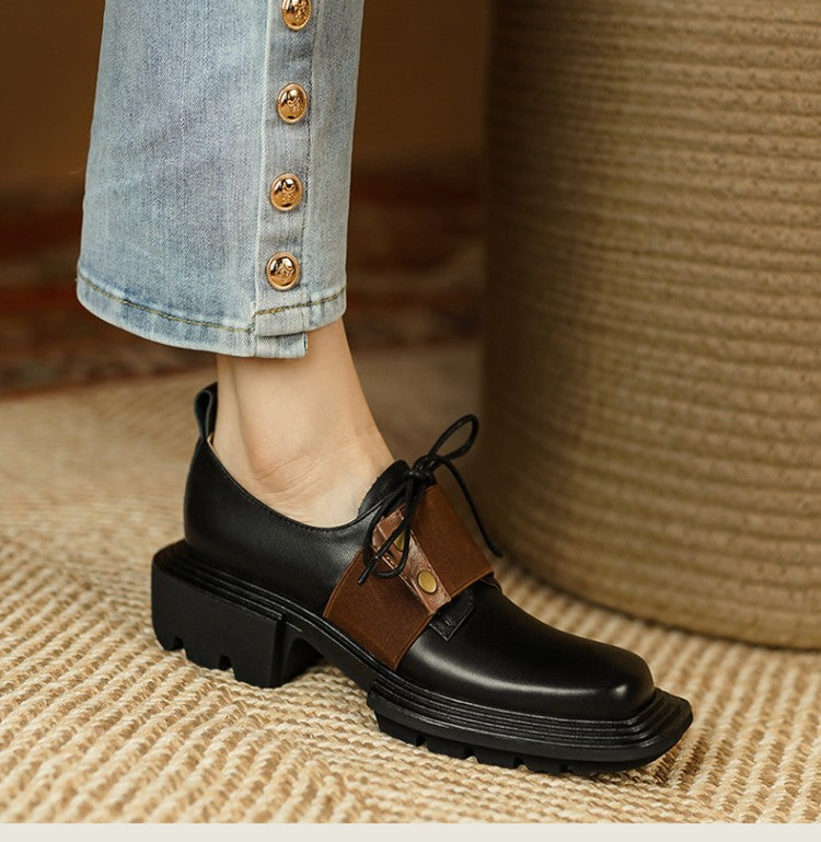 Retro Style Thick Bottom Contrast Color Deep Mouth Small Leather Shoes