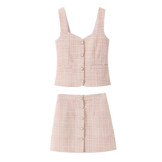 Vest Fastener Decoration Mid-length Dress Set Women