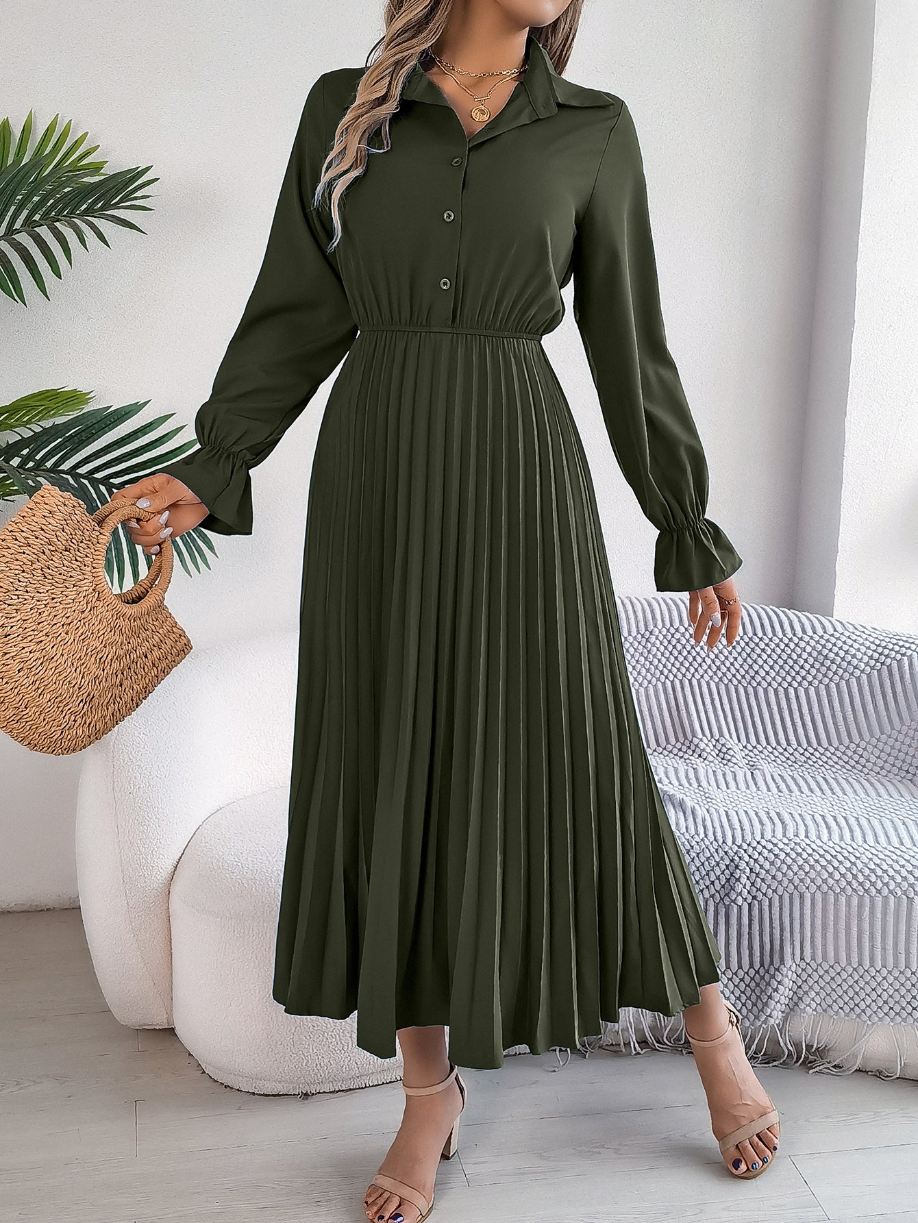 Women's Casual Lapel Button Long Sleeve Tie Waist Pleated Maxi Dress