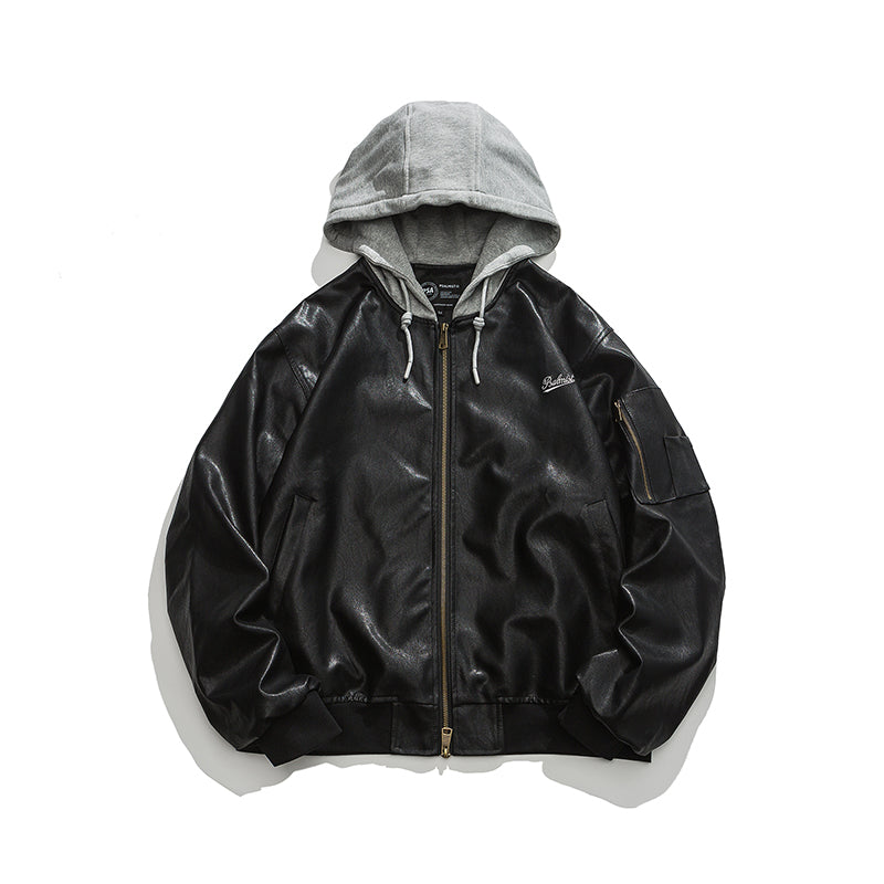 American Street Retro Patchwork Hooded Biker's Leather Jacket Coat
