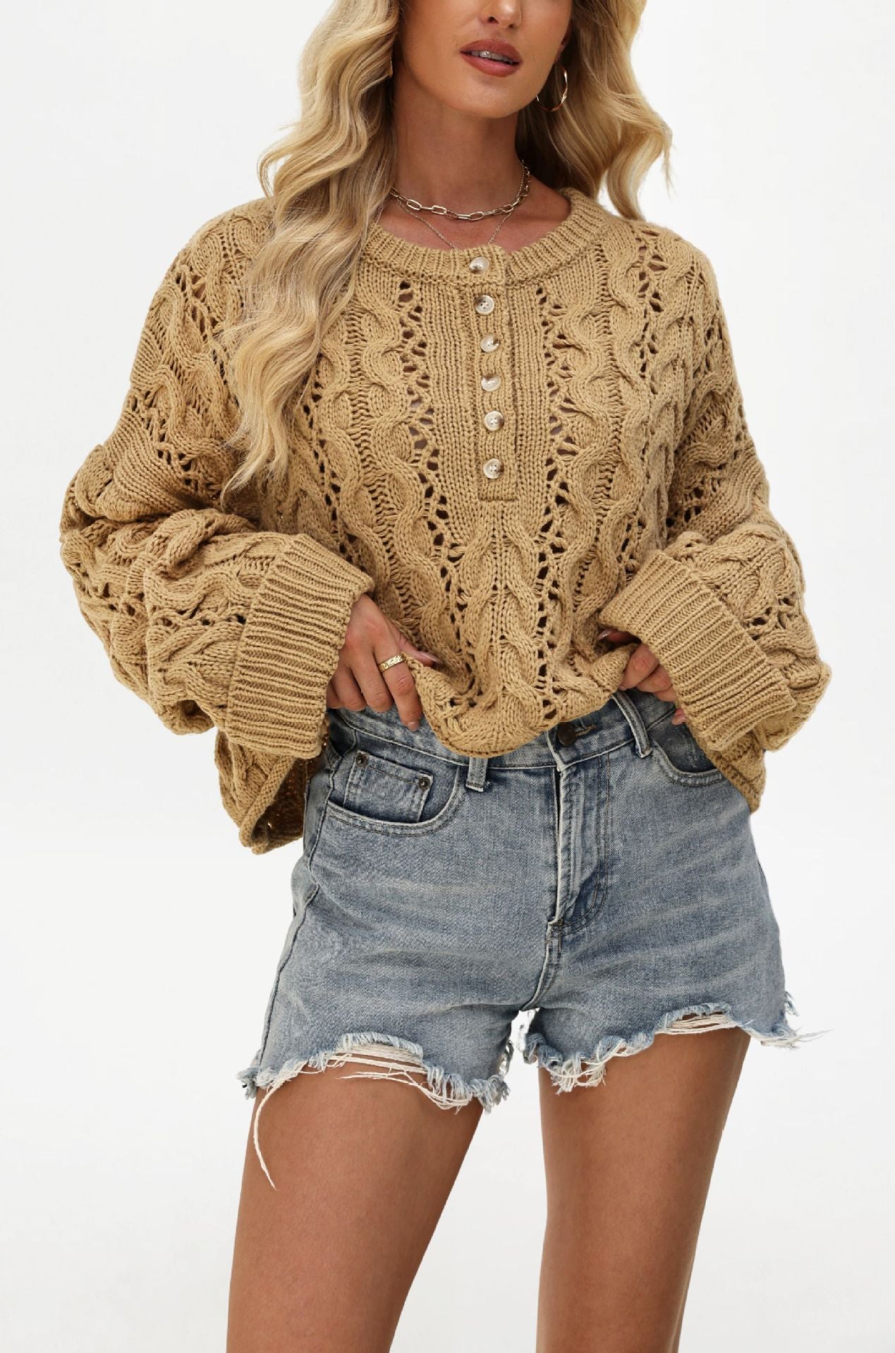Loose Solid Color Pullover Short Knitted Button Sweater
