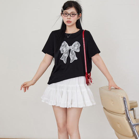 Slim Short Sleeved Top Plus Butterfly Lace T-shirt