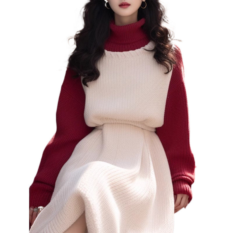 Temperament New Year Red Patchwork Dress Women Autumn Winter