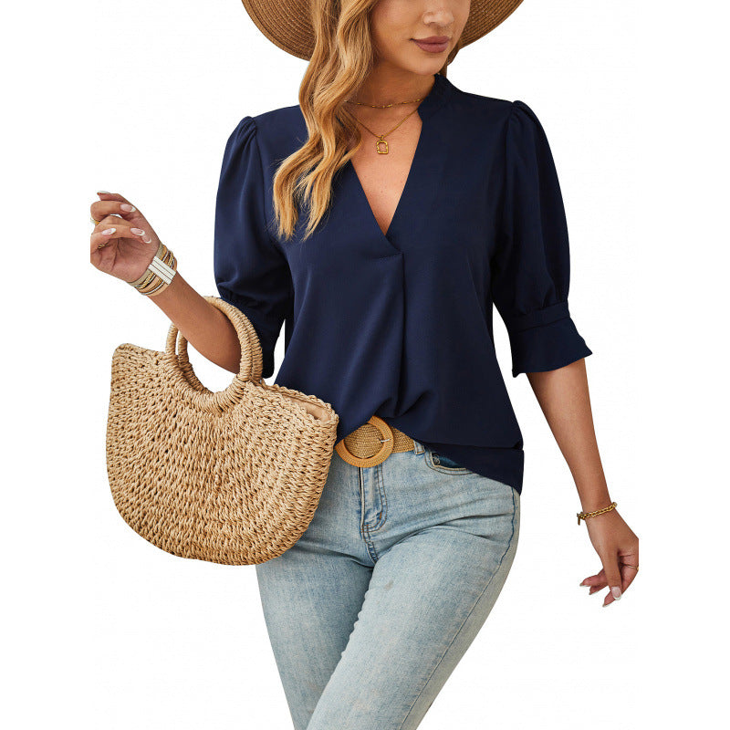 V-neck Mid-sleeve Comfortable Breathable Casual Top