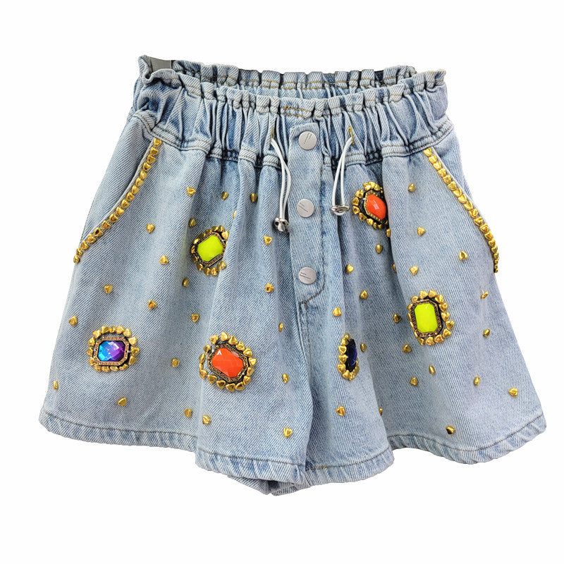 Diamond Beaded High Waist Women's Wide-Leg Denim Shorts