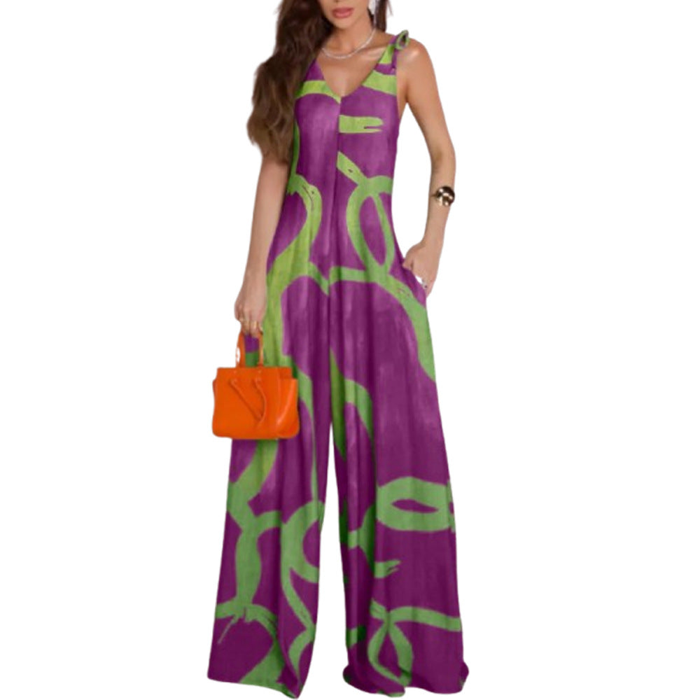 Printed V-neck Lace-up Jumpsuit Pocketed Vest-style Wide-leg Romper