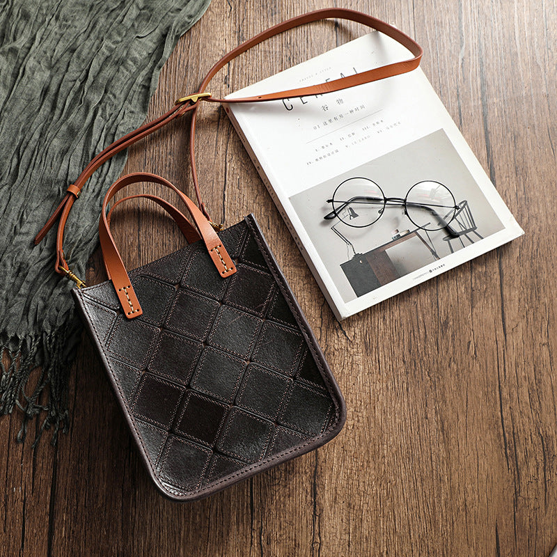 Women's Vegetable Tanned Leather Stitching Vintage Handbag