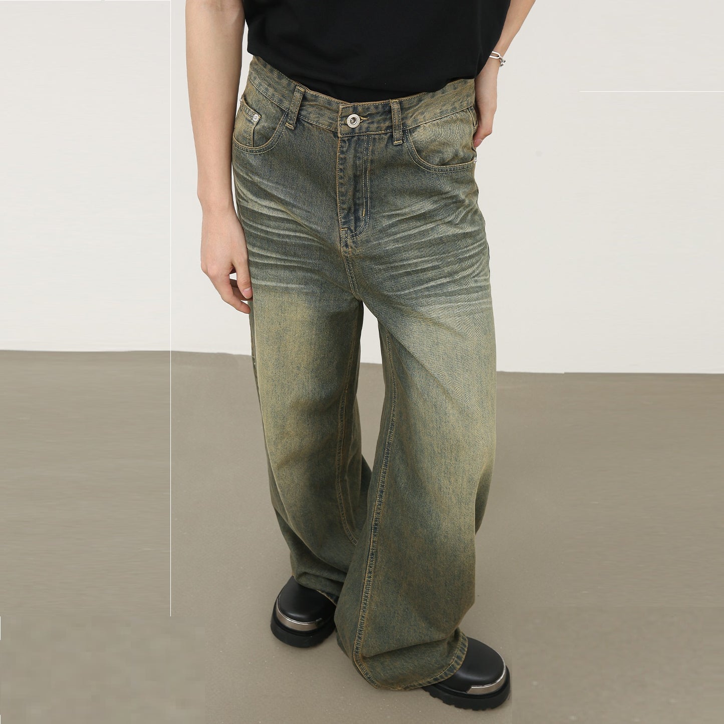 American Retro Cyan Washed Jeans With Whiskers Men