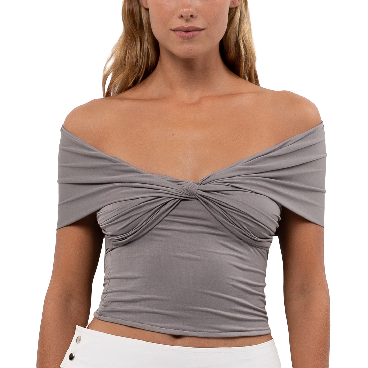 Ensfarvet ærme, off-shoulder, plisseret, stram, kort top