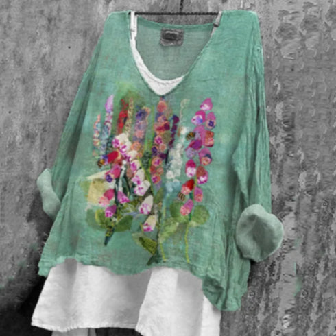 Women's Green Lily Of The Garden Print Linen Blend Long Sleeve Shirt