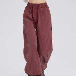 Retro Washed Distressed Drawstring Elastic Waist Jeans