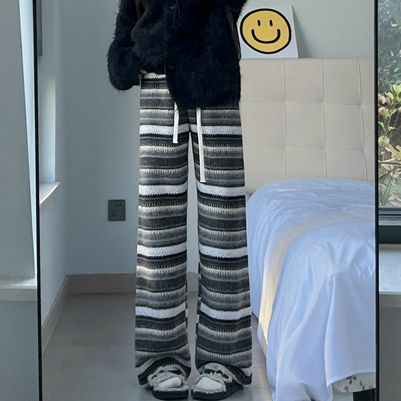 Retro Woolen Striped Casual Pants For FallWinter