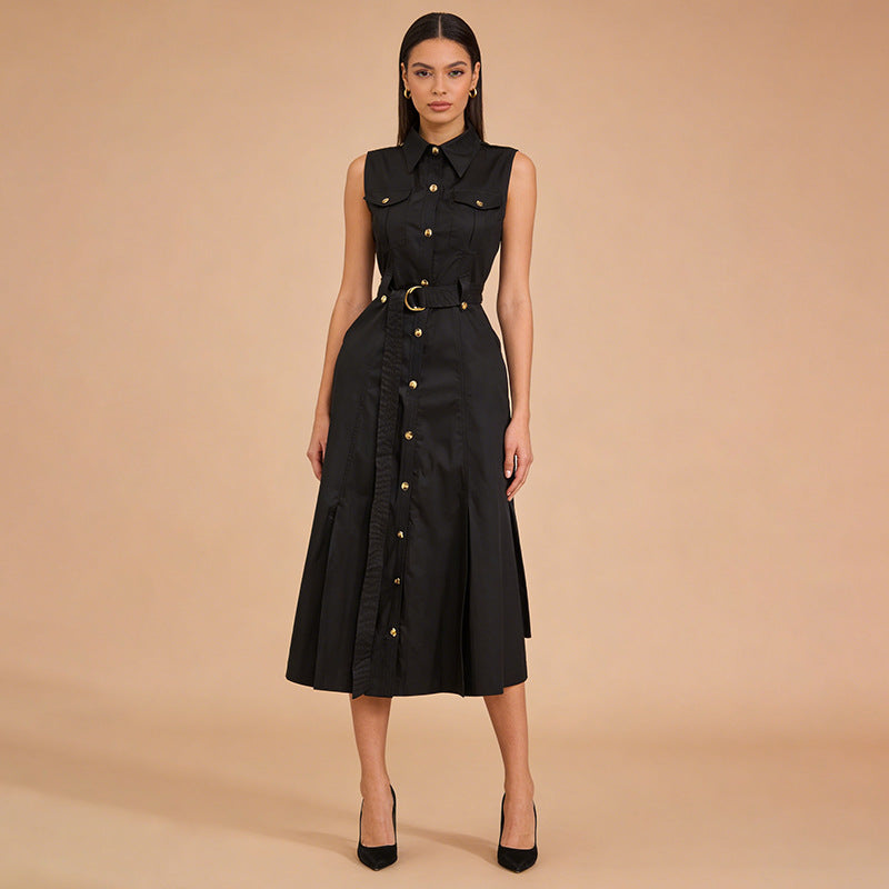 Fashionable Lapel Single-breasted Pocket-designed Sleeveless Maxi Dress