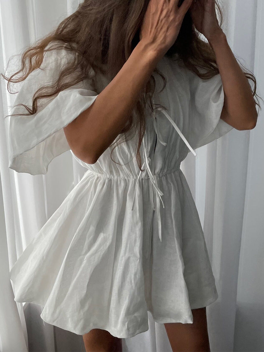 Stand-collar Sweet Lace-up Pleated Waist-cinched A-line Dress