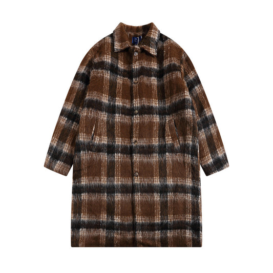 Plaid Woolen Men's Winter Cotton Padded Lapel Loose Mid-length Overknee Coat