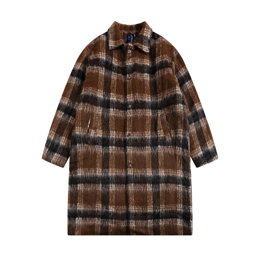 Plaid Woolen Men's Winter Cotton Padded Lapel Loose Mid-length Overknee Coat
