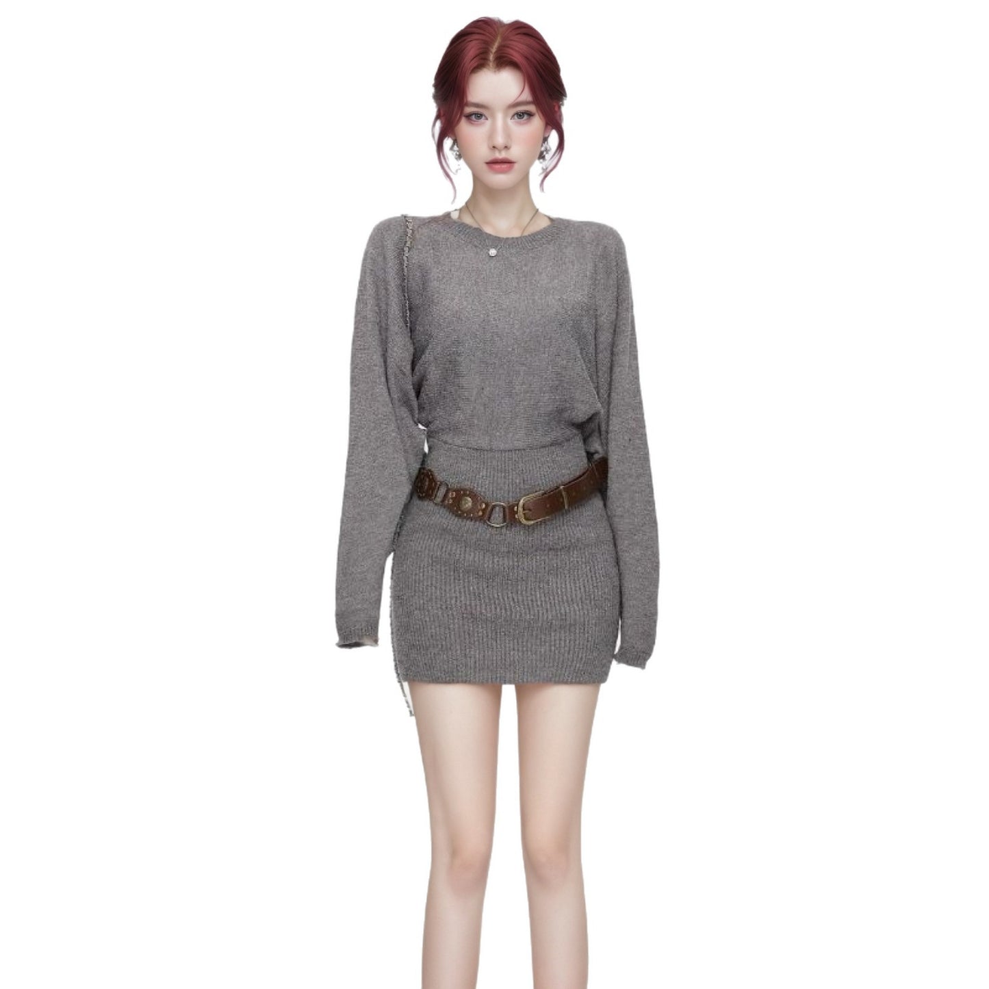Womens Cinched Sheath-Fit Pure-Desire Knitted Sweater Dress For Layering