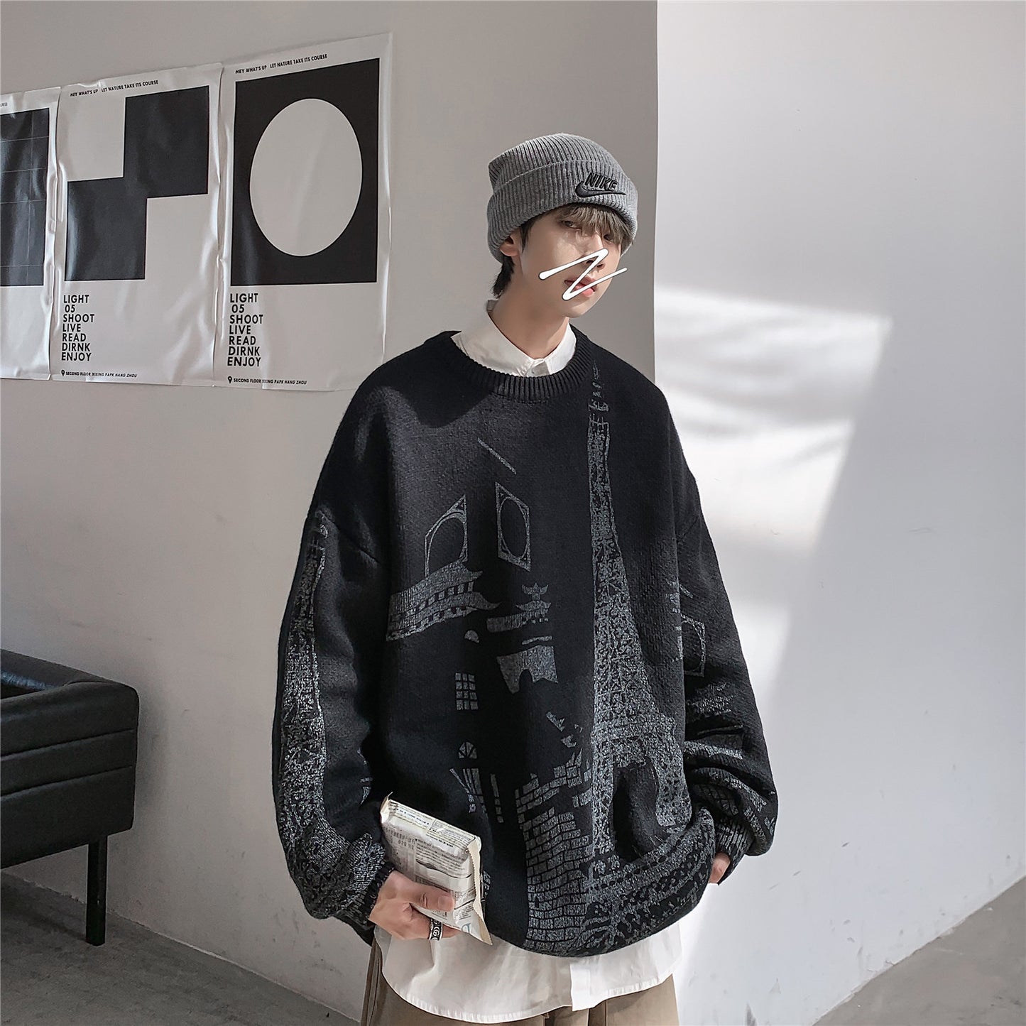 Iron Tower Printed Men's Loose Large Round Neck Sweater